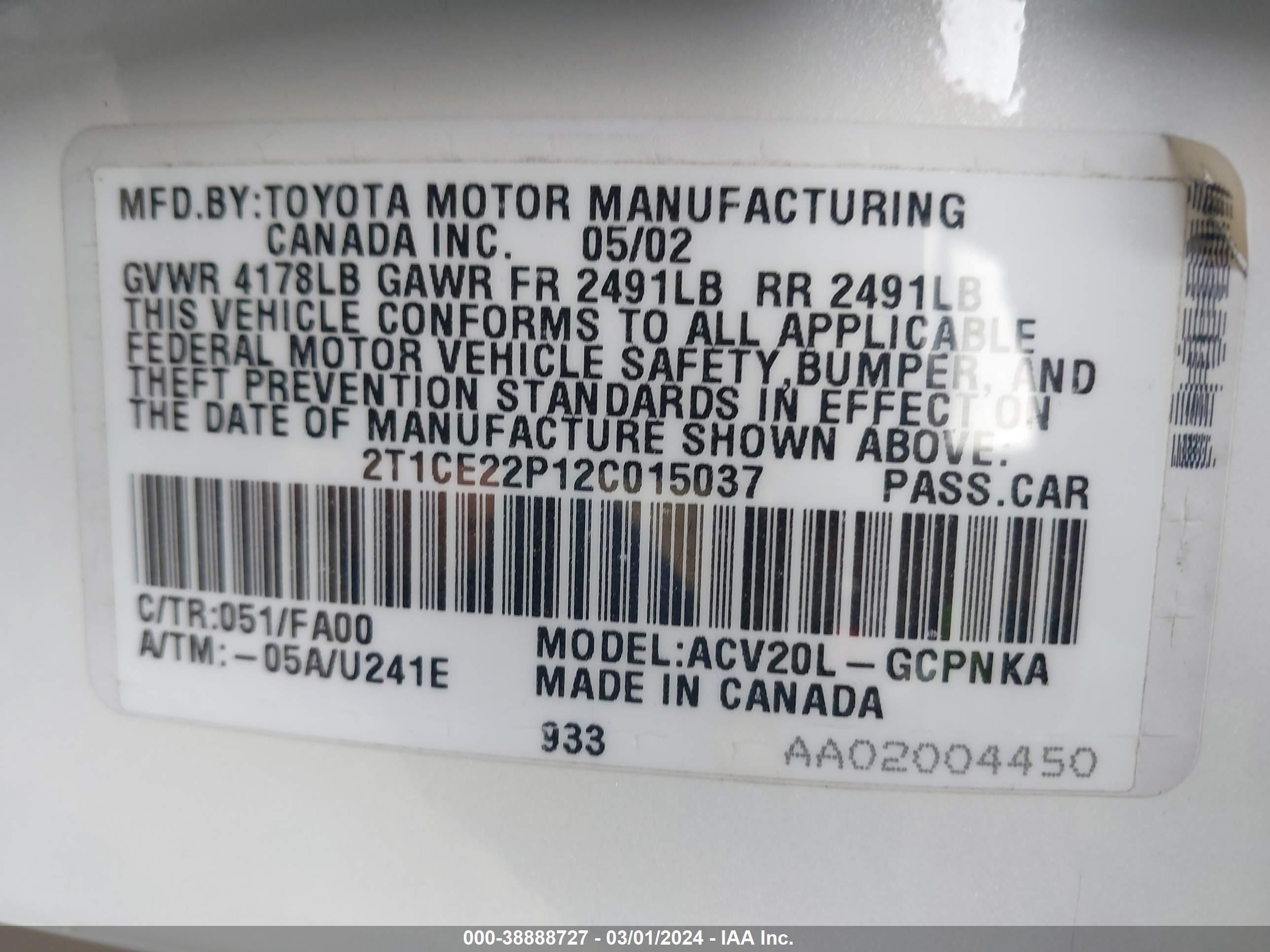 Photo 8 VIN: 2T1CE22P12C015037 - TOYOTA CAMRY SOLARA 