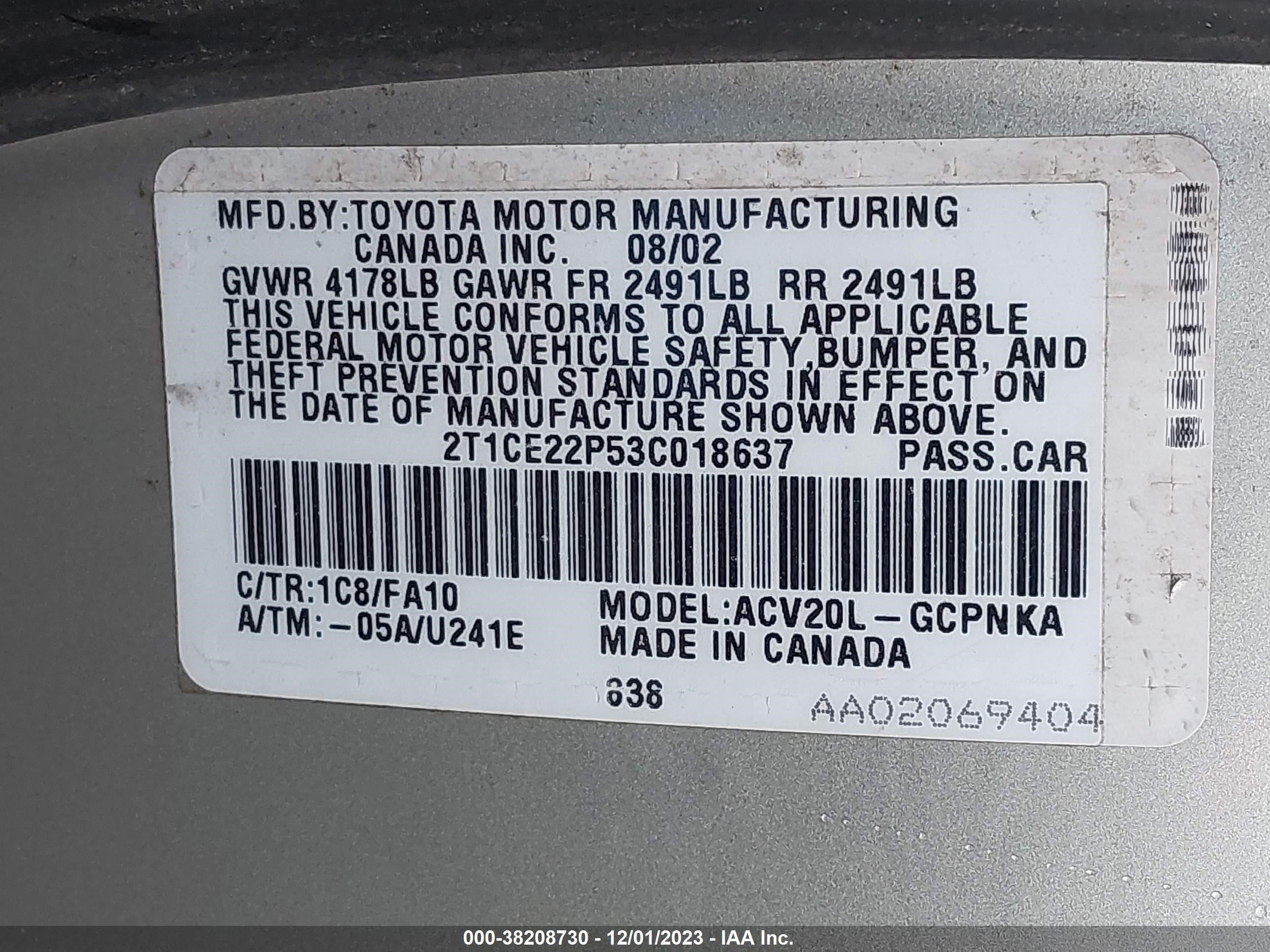 Photo 8 VIN: 2T1CE22P53C018637 - TOYOTA CAMRY SOLARA 