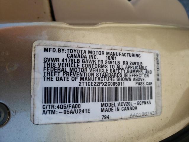 Photo 11 VIN: 2T1CE22PX2C005011 - TOYOTA CAMRY SOLA 