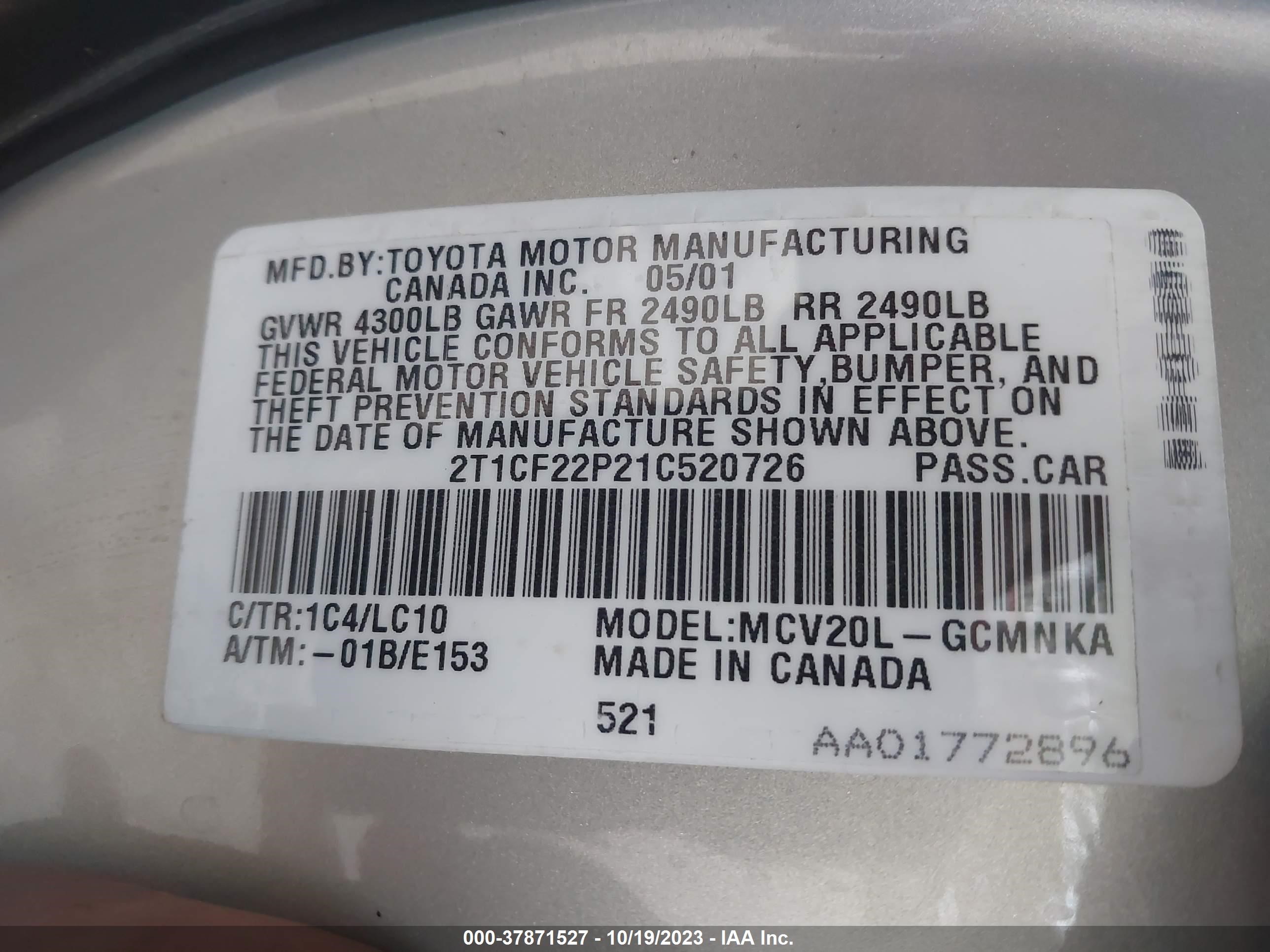 Photo 8 VIN: 2T1CF22P21C520726 - TOYOTA CAMRY SOLARA 