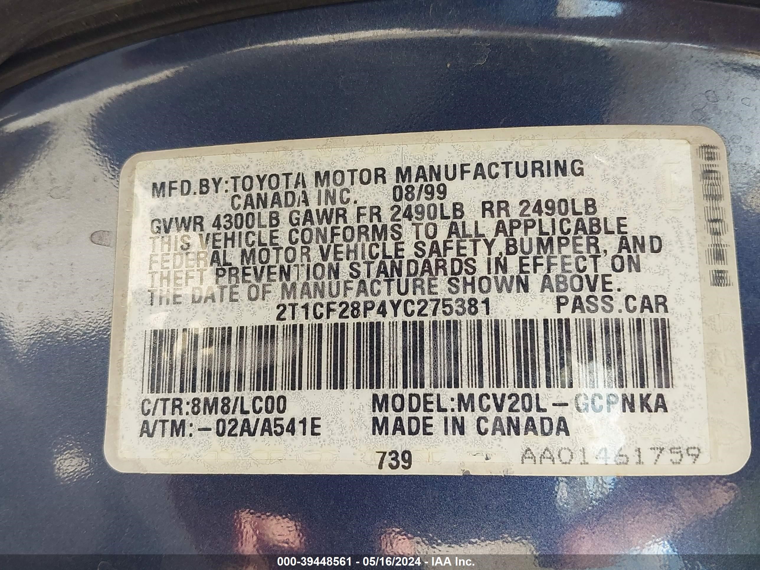 Photo 8 VIN: 2T1CF28P4YC275381 - TOYOTA CAMRY SOLARA 