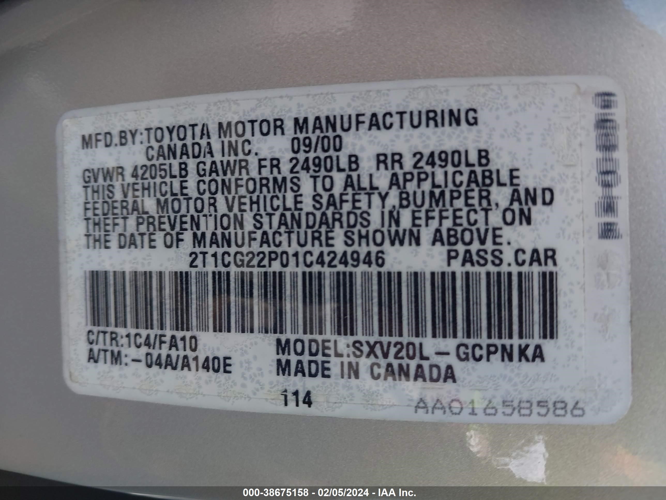 Photo 8 VIN: 2T1CG22P01C424946 - TOYOTA CAMRY SOLARA 