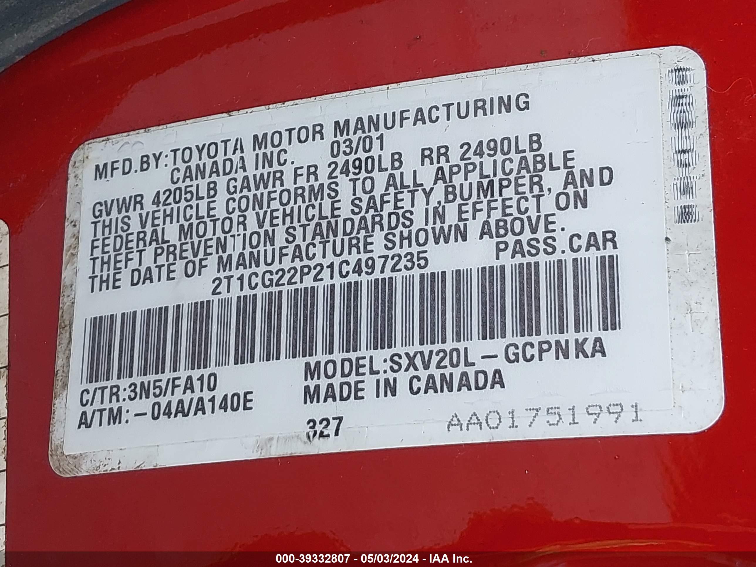 Photo 8 VIN: 2T1CG22P21C497235 - TOYOTA CAMRY SOLARA 