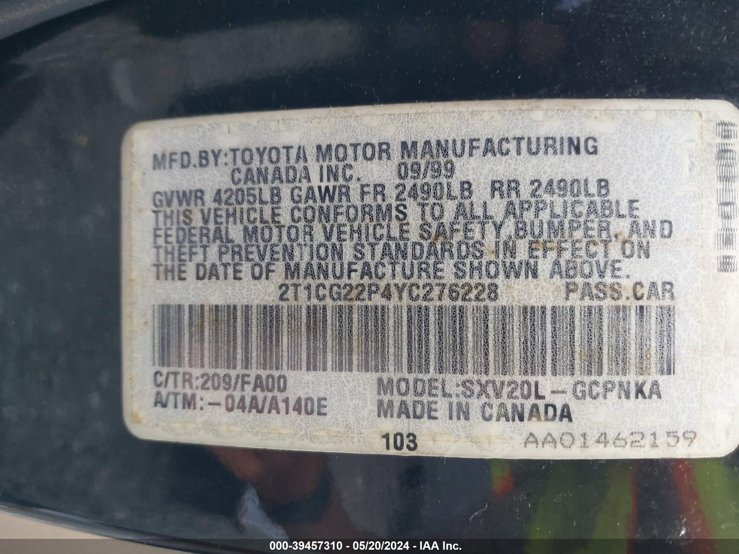 Photo 8 VIN: 2T1CG22P4YC276228 - TOYOTA CAMRY SOLARA 