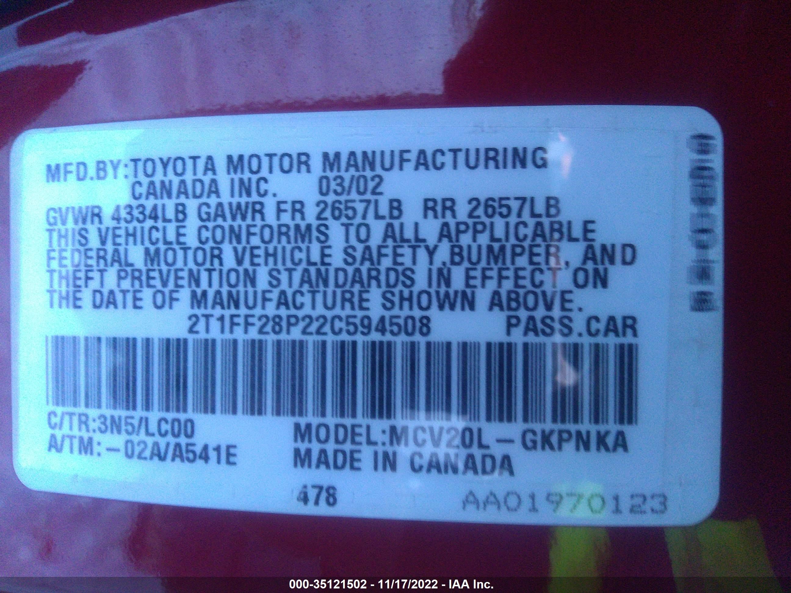 Photo 8 VIN: 2T1FF28P22C594508 - TOYOTA CAMRY SOLARA 