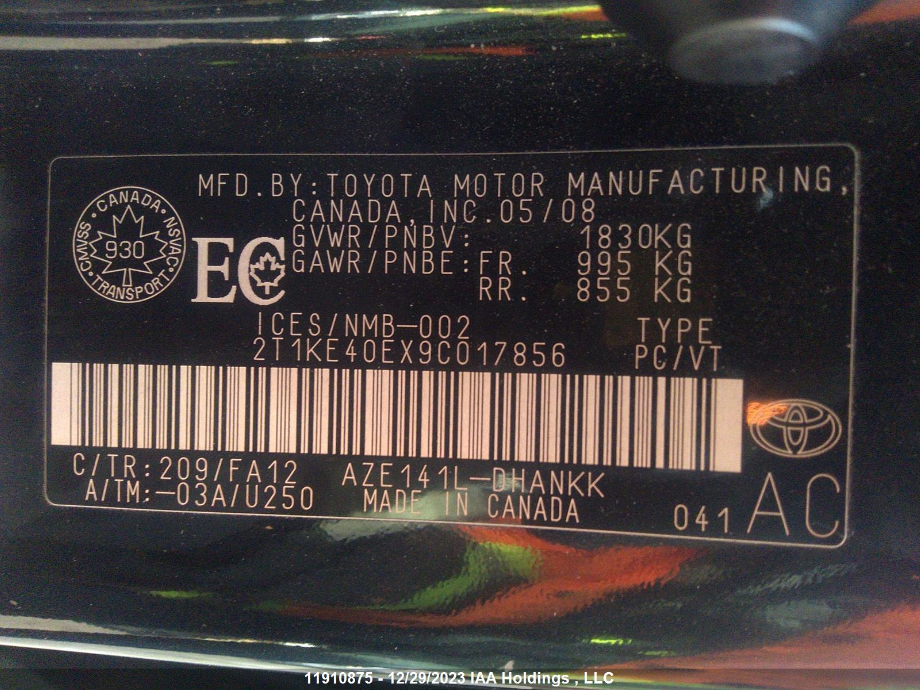 Photo 8 VIN: 2T1KE40EX9C017856 - TOYOTA MATRIX 