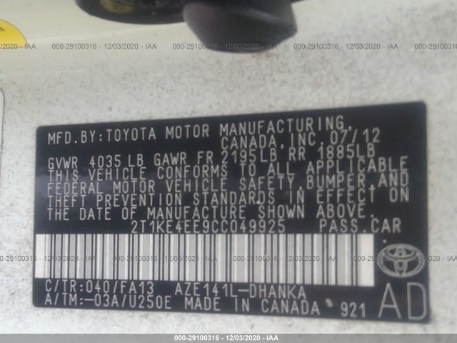 Photo 8 VIN: 2T1KE4EE9CC049925 - TOYOTA MATRIX 