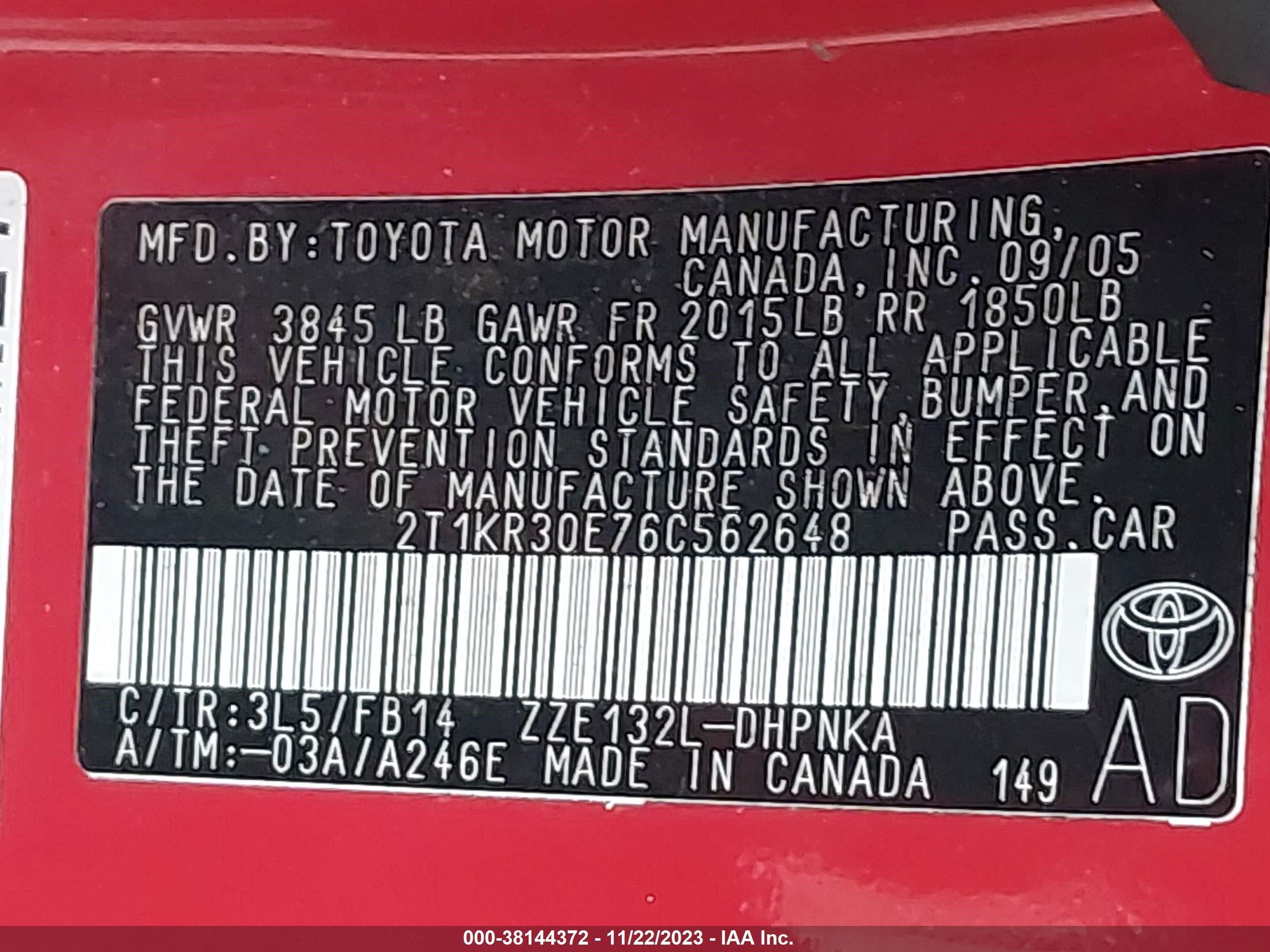 Photo 8 VIN: 2T1KR30E76C562648 - TOYOTA MATRIX 