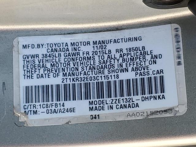 Photo 11 VIN: 2T1KR32E03C115118 - TOYOTA COROLLA MA 