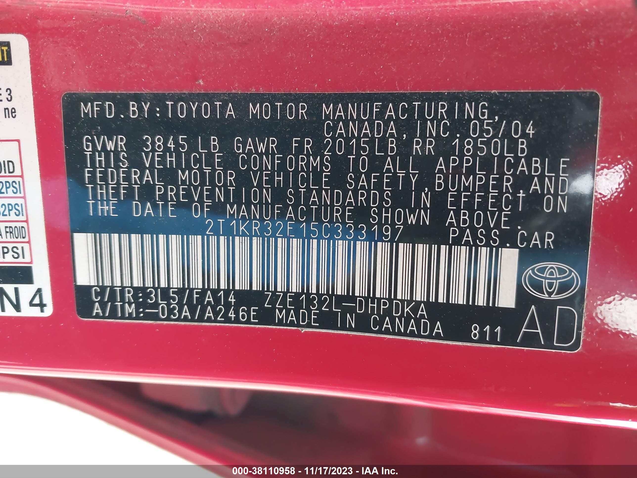 Photo 8 VIN: 2T1KR32E15C333197 - TOYOTA MATRIX 