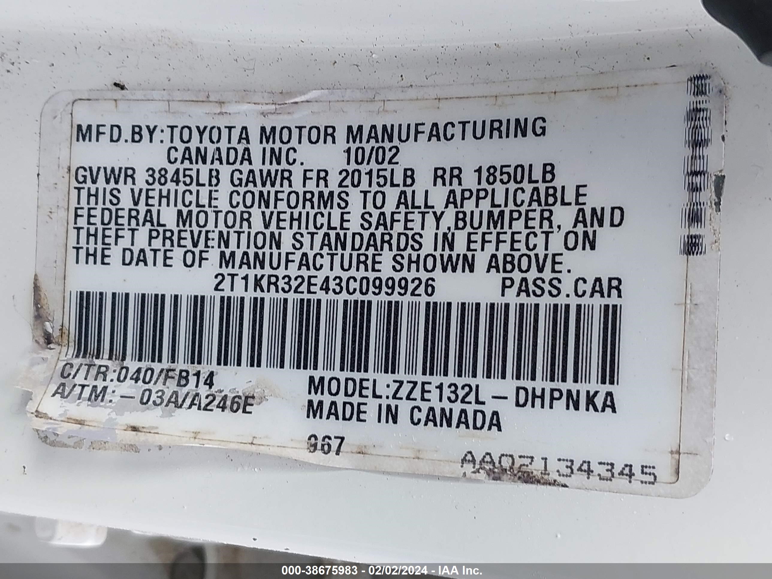 Photo 8 VIN: 2T1KR32E43C099926 - TOYOTA COROLLA 