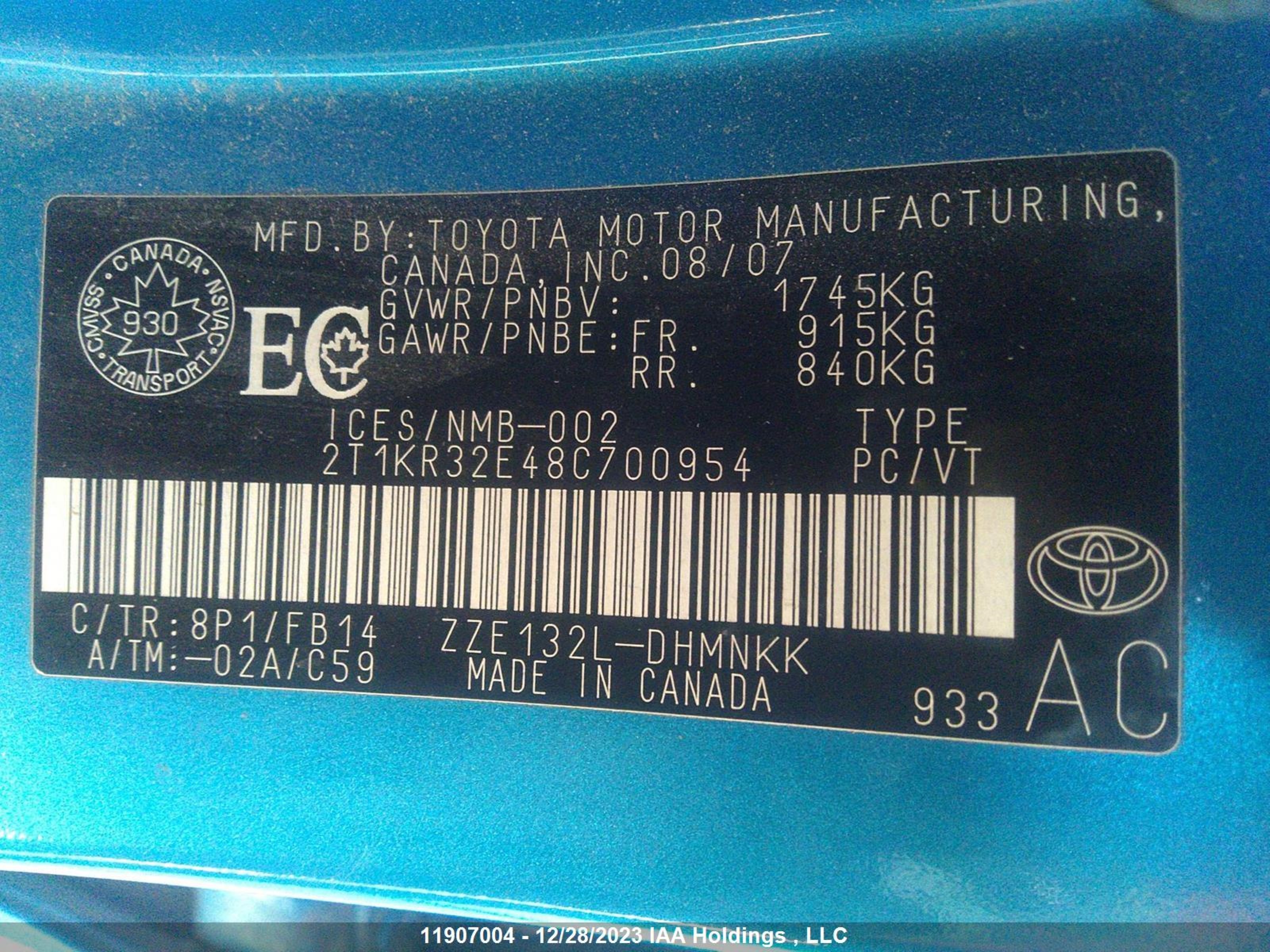 Photo 8 VIN: 2T1KR32E48C700954 - TOYOTA MATRIX 