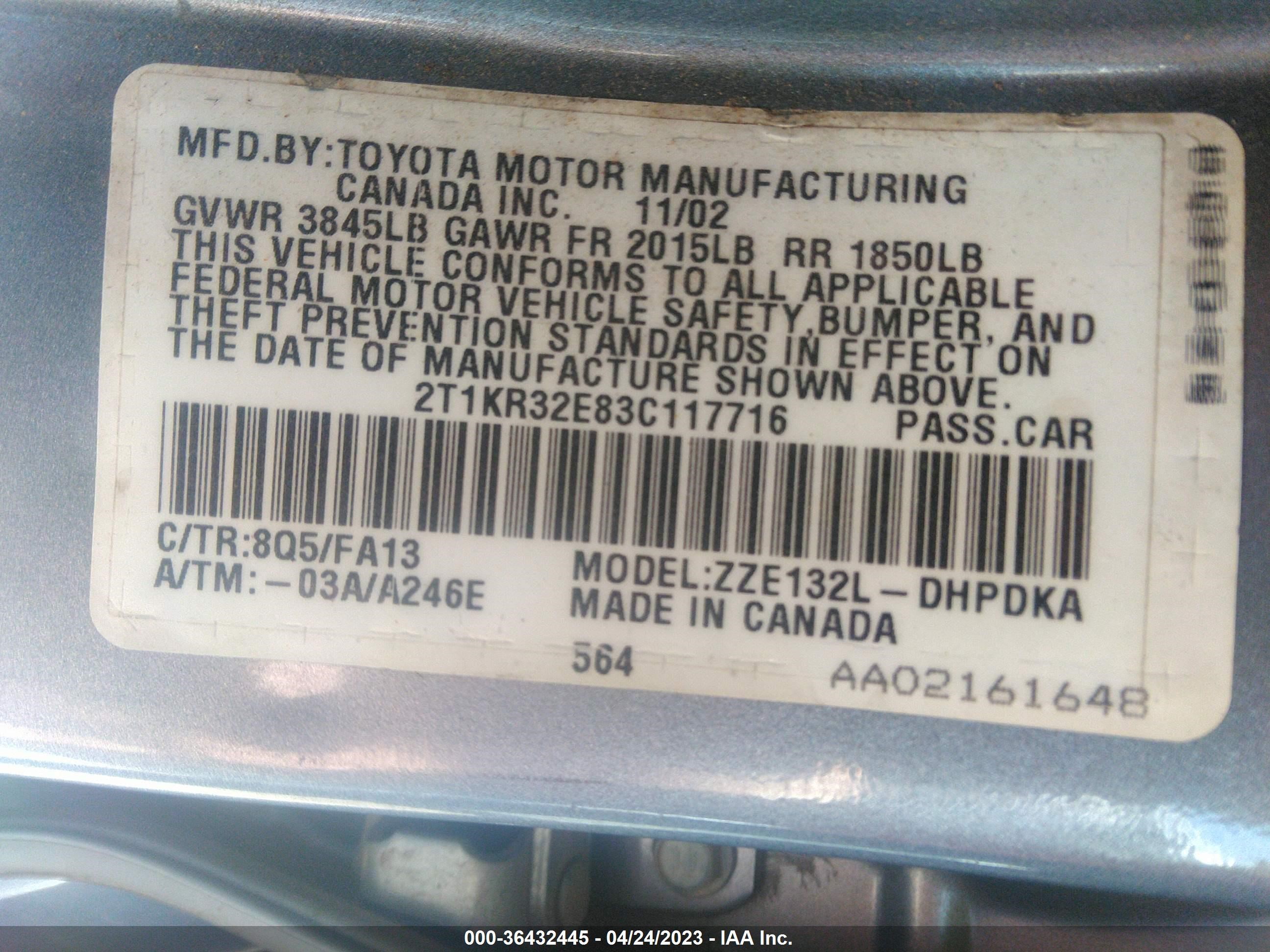 Photo 8 VIN: 2T1KR32E83C117716 - TOYOTA MATRIX 