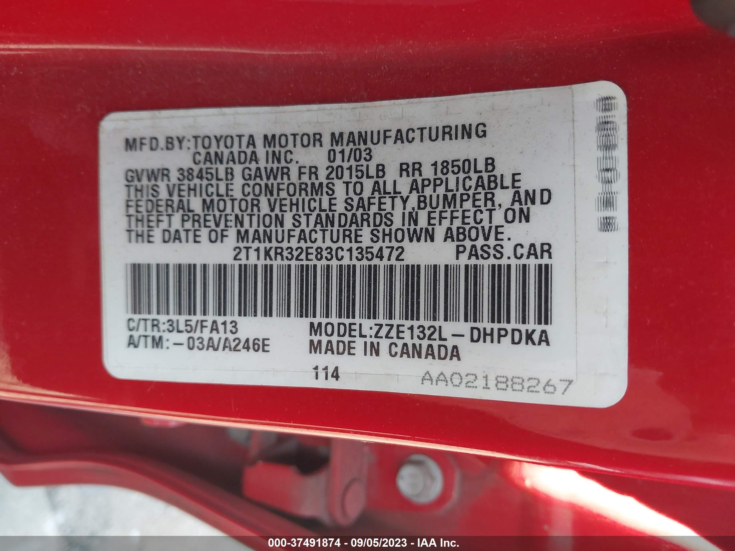 Photo 8 VIN: 2T1KR32E83C135472 - TOYOTA MATRIX 