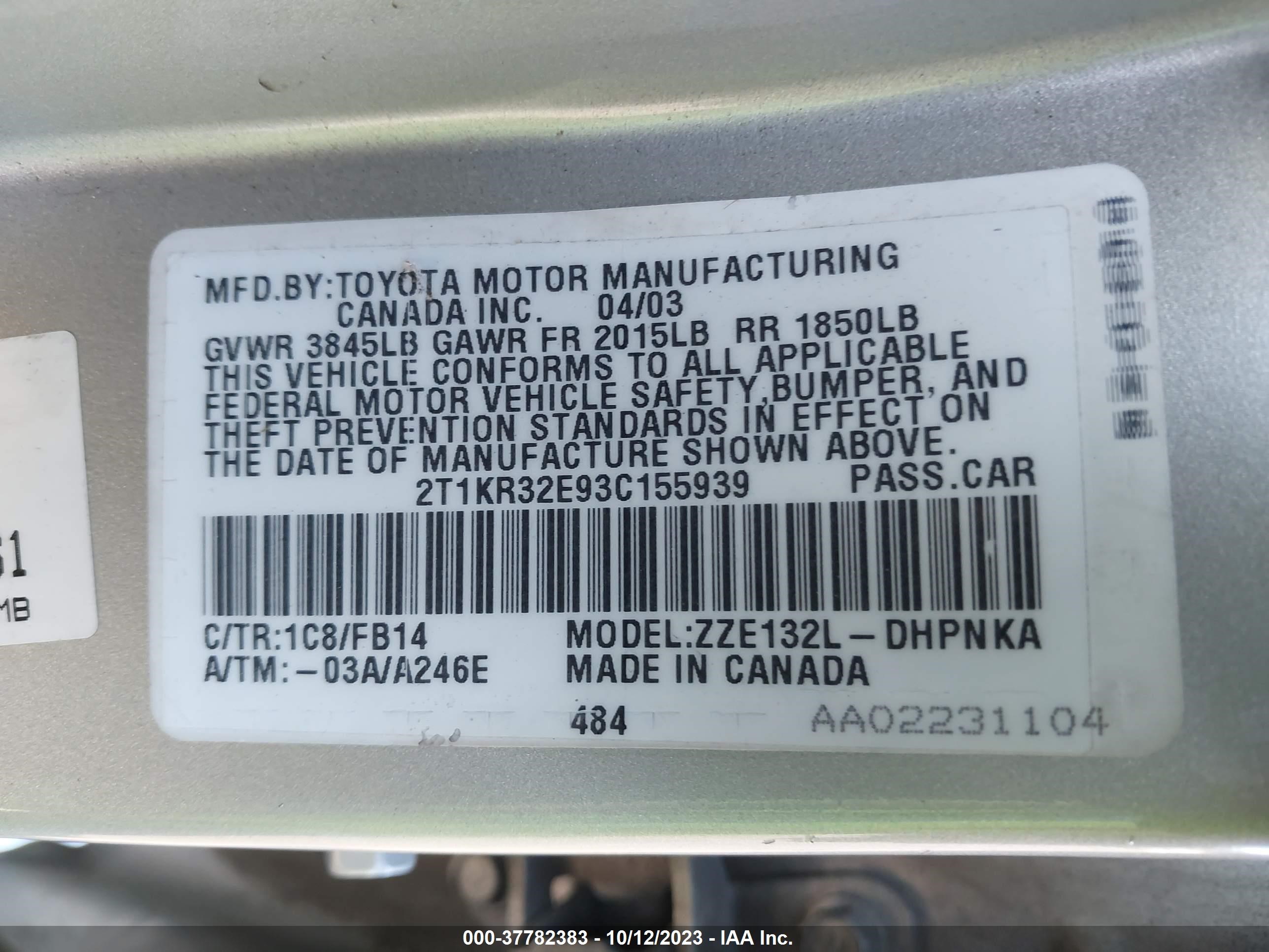 Photo 8 VIN: 2T1KR32E93C155939 - TOYOTA MATRIX 