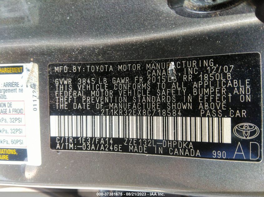 Photo 8 VIN: 2T1KR32EX8C718584 - TOYOTA MATRIX 