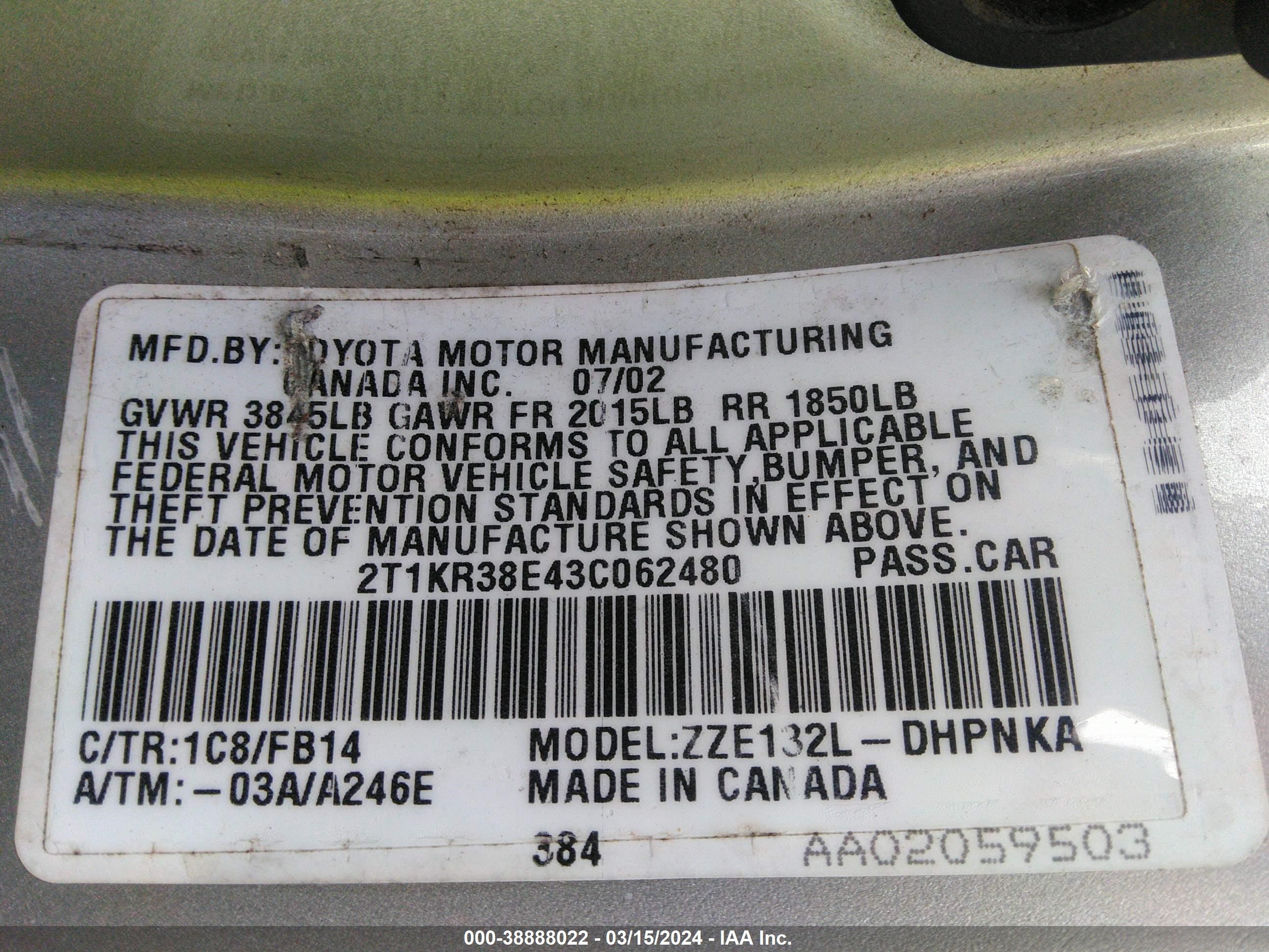 Photo 8 VIN: 2T1KR38E43C062480 - TOYOTA MATRIX 