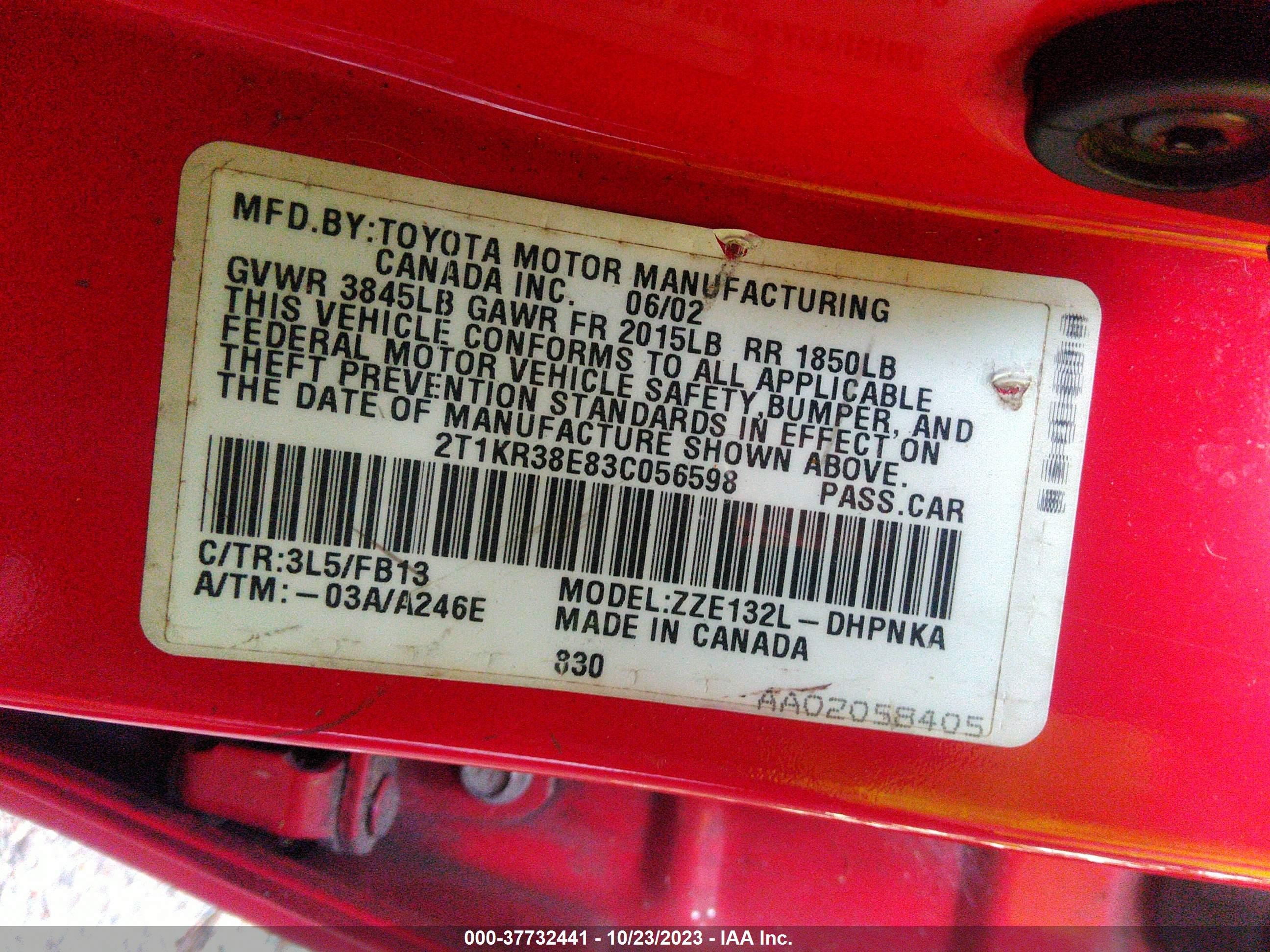 Photo 8 VIN: 2T1KR38E83C056598 - TOYOTA MATRIX 