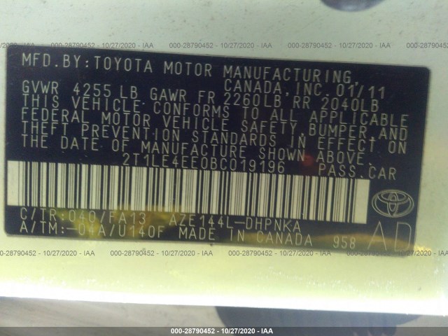 Photo 8 VIN: 2T1LE4EE0BC019196 - TOYOTA MATRIX 