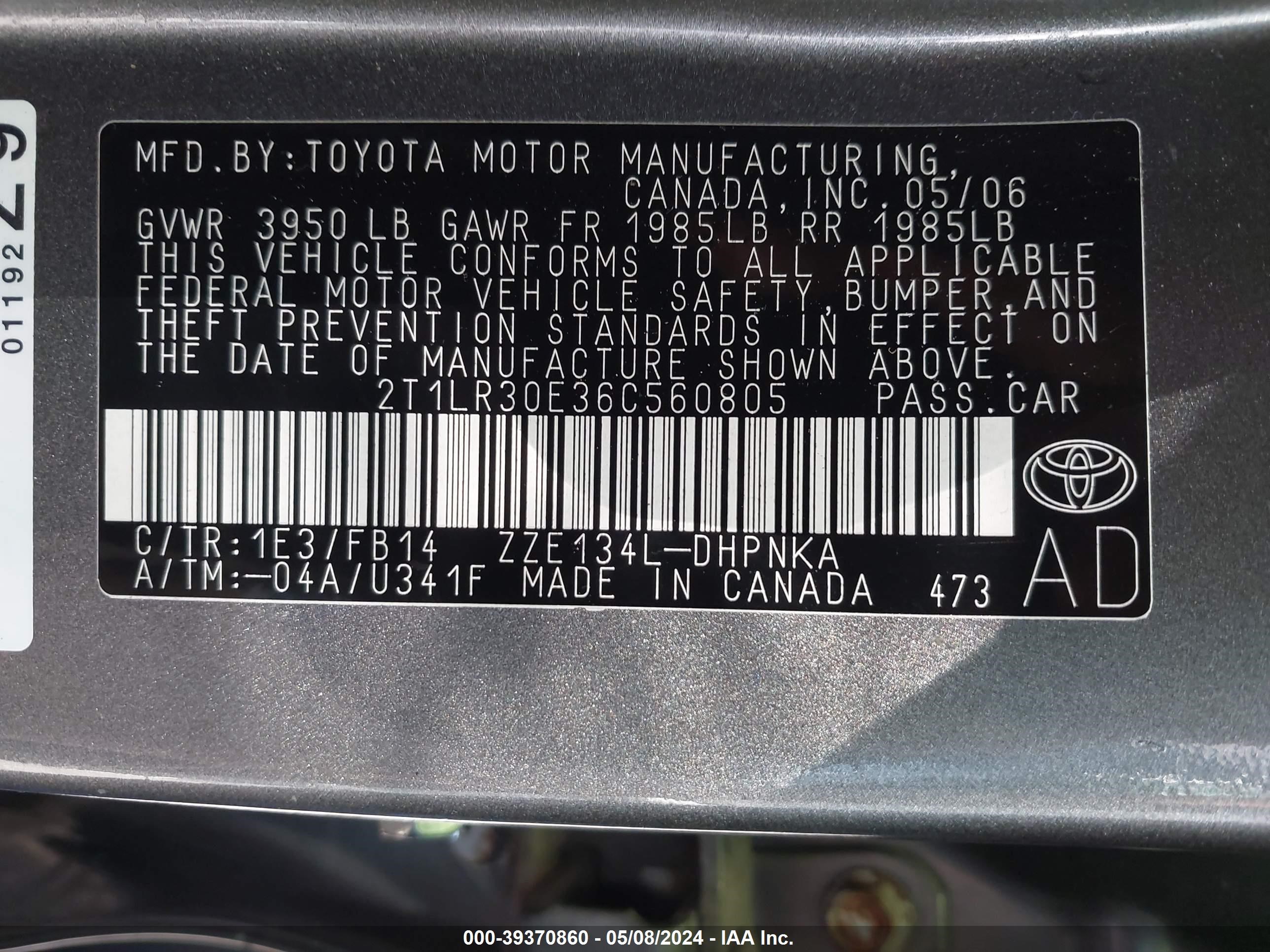 Photo 8 VIN: 2T1LR30E36C560805 - TOYOTA MATRIX 