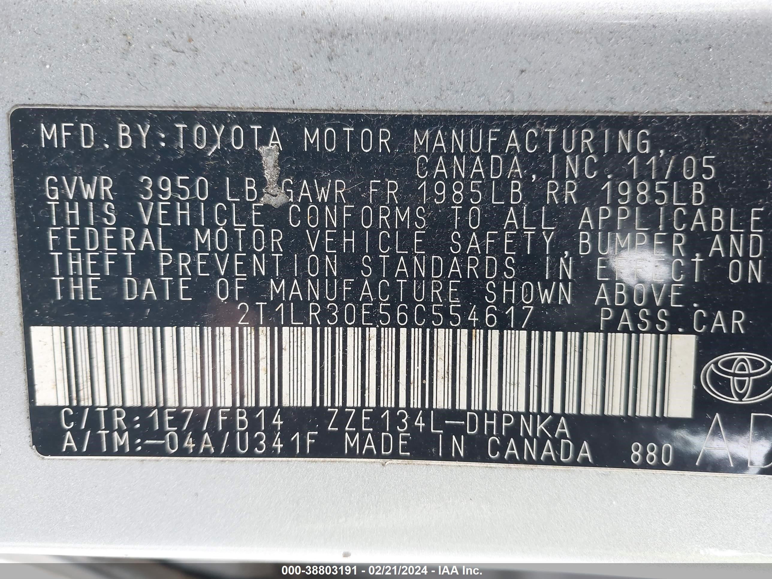 Photo 8 VIN: 2T1LR30E56C554617 - TOYOTA MATRIX 