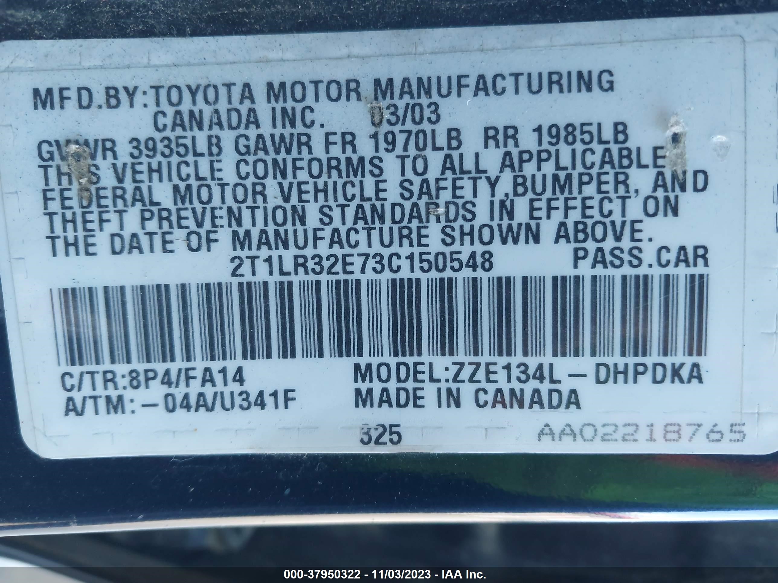 Photo 8 VIN: 2T1LR32E73C150548 - TOYOTA MATRIX 