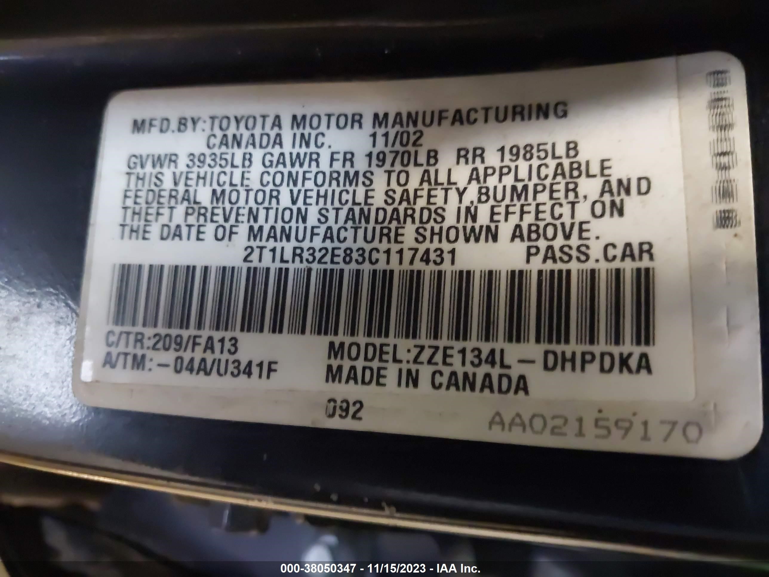 Photo 8 VIN: 2T1LR32E83C117431 - TOYOTA MATRIX 