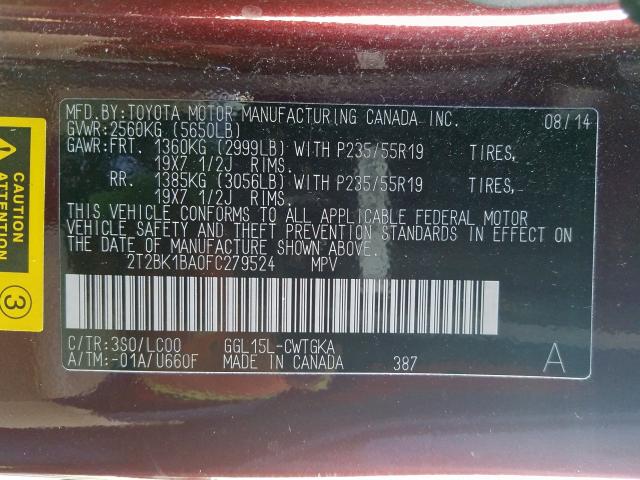 Photo 9 VIN: 2T2BK1BA0FC279524 - LEXUS RX 350 BAS 