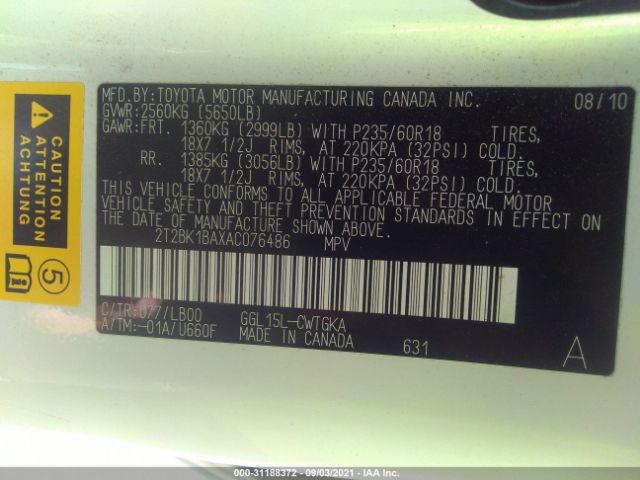 Photo 8 VIN: 2T2BK1BAXAC076486 - LEXUS RX 350 