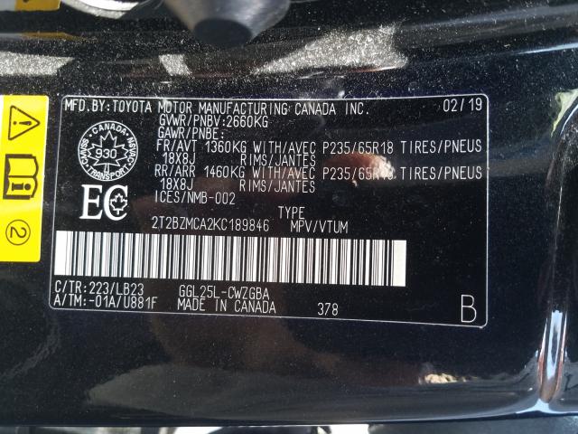 Photo 9 VIN: 2T2BZMCA2KC189846 - LEXUS RX 350 BAS 