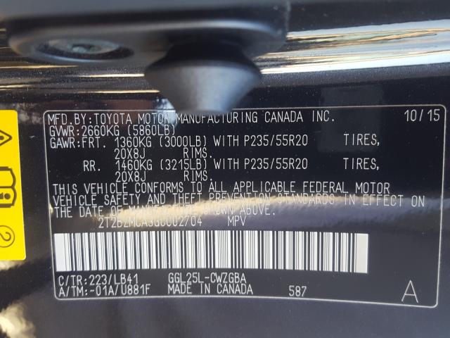 Photo 9 VIN: 2T2BZMCA3GC002704 - LEXUS RX 350 BAS 