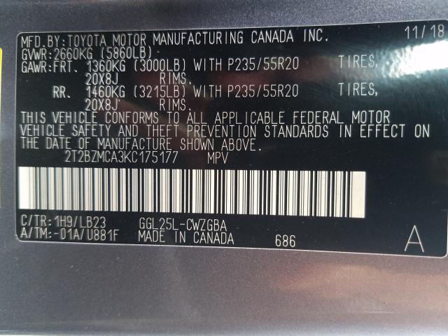 Photo 9 VIN: 2T2BZMCA3KC175177 - LEXUS RX 350 BAS 