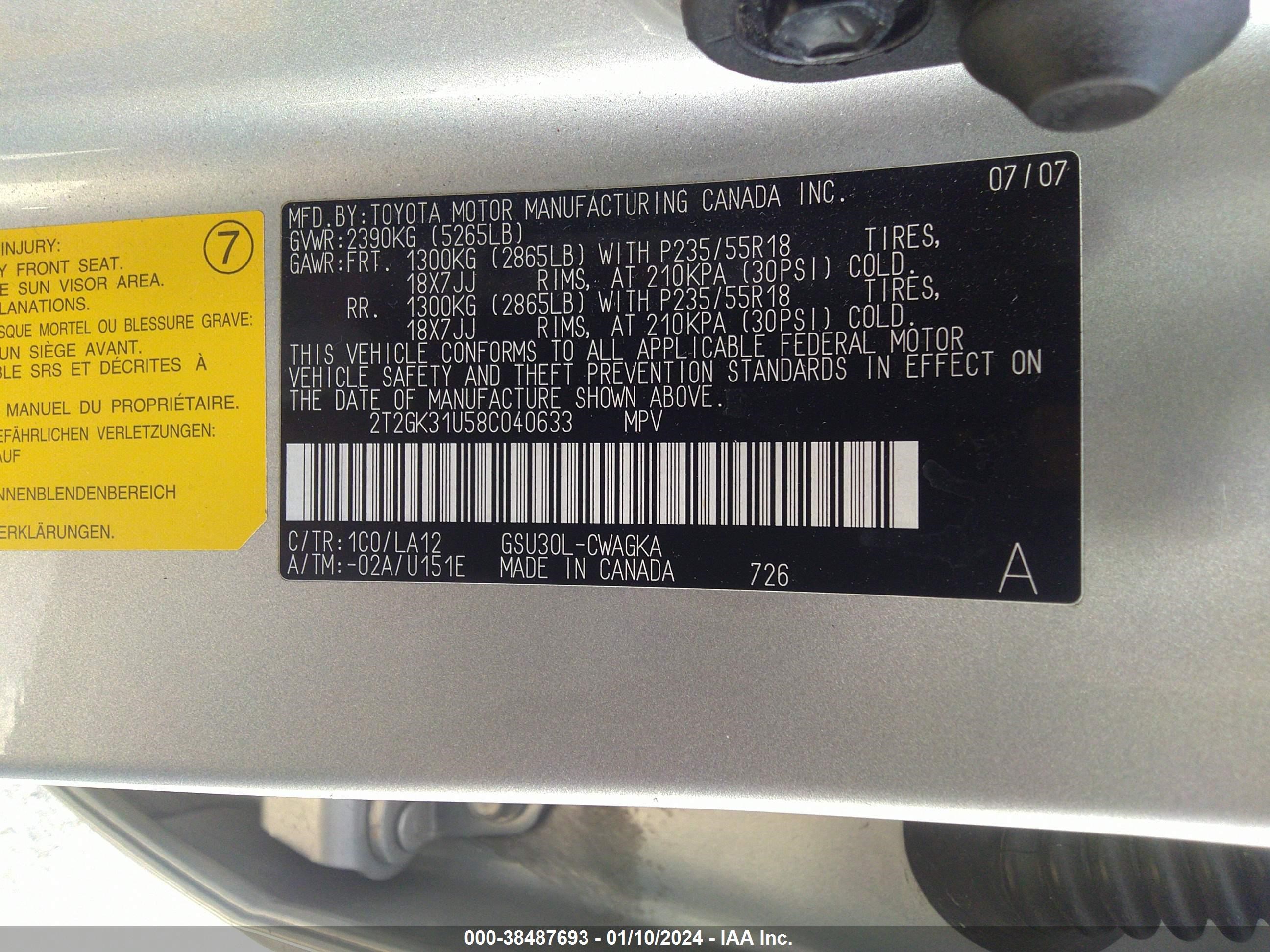 Photo 8 VIN: 2T2GK31U58C040633 - LEXUS RX 