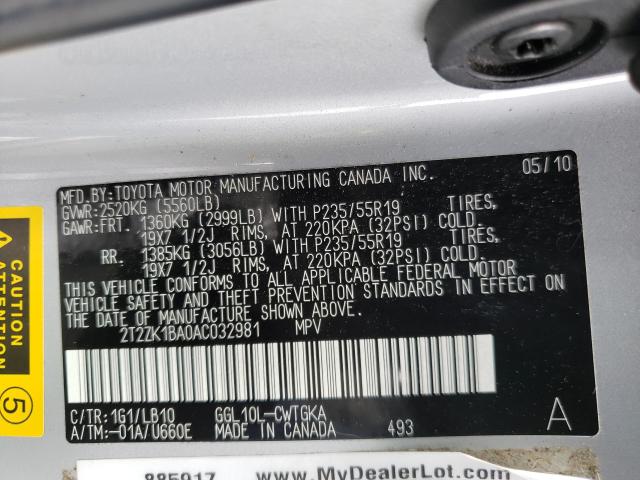 Photo 9 VIN: 2T2ZK1BA0AC032981 - LEXUS RX 350 