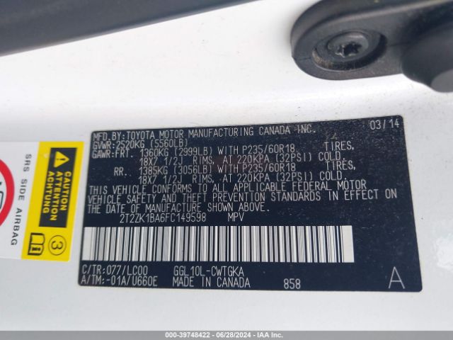 Photo 8 VIN: 2T2ZK1BA6FC149598 - LEXUS RX 