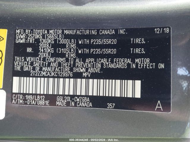 Photo 8 VIN: 2T2ZZMCA3KC129976 - LEXUS RX 350 