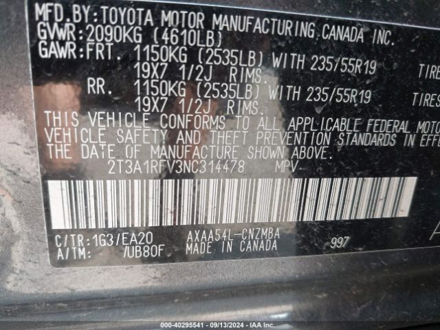 Photo 8 VIN: 2T3A1RFV3NC314478 - TOYOTA RAV4 