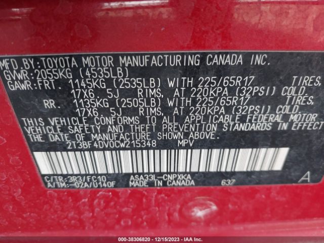 Photo 8 VIN: 2T3BF4DV0CW215348 - TOYOTA RAV4 