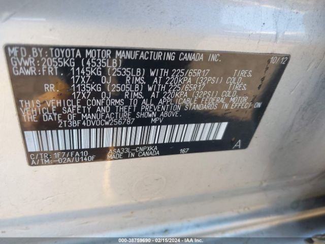 Photo 8 VIN: 2T3BF4DV0CW256787 - TOYOTA RAV4 