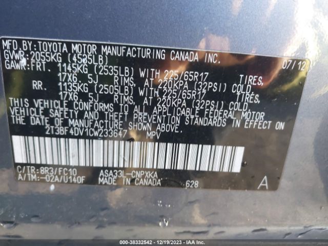 Photo 8 VIN: 2T3BF4DV1CW233647 - TOYOTA RAV4 