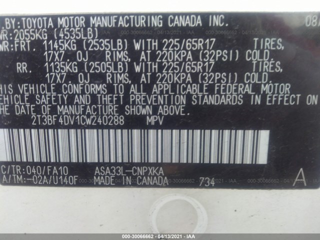 Photo 8 VIN: 2T3BF4DV1CW240288 - TOYOTA RAV4 