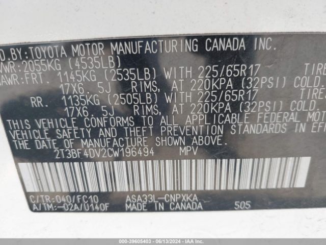 Photo 8 VIN: 2T3BF4DV2CW196494 - TOYOTA RAV4 