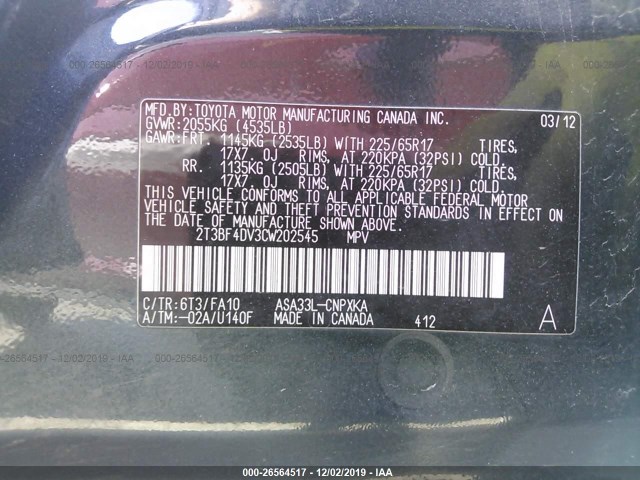 Photo 8 VIN: 2T3BF4DV3CW202545 - TOYOTA RAV4 