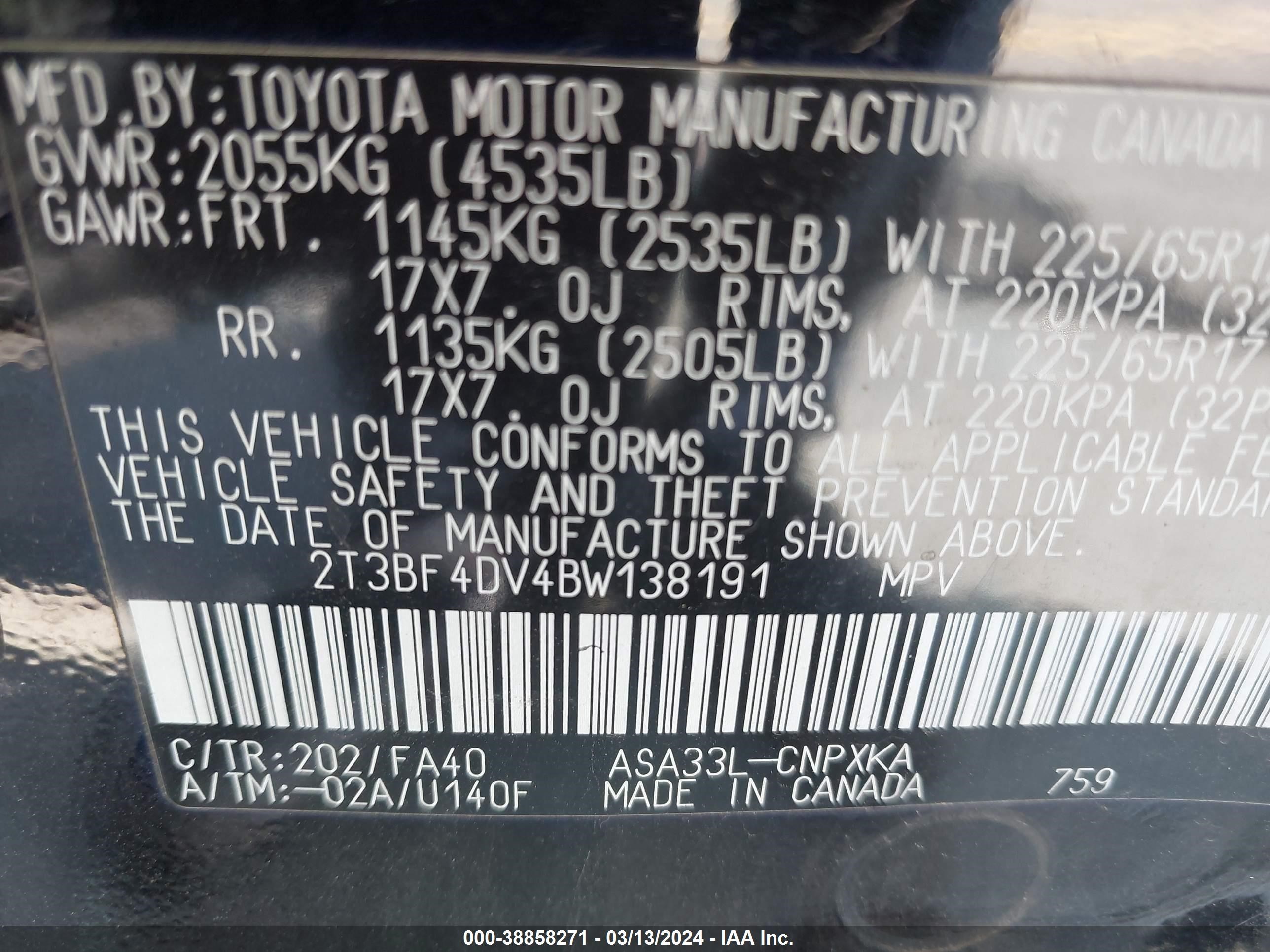 Photo 8 VIN: 2T3BF4DV4BW138191 - TOYOTA RAV 4 