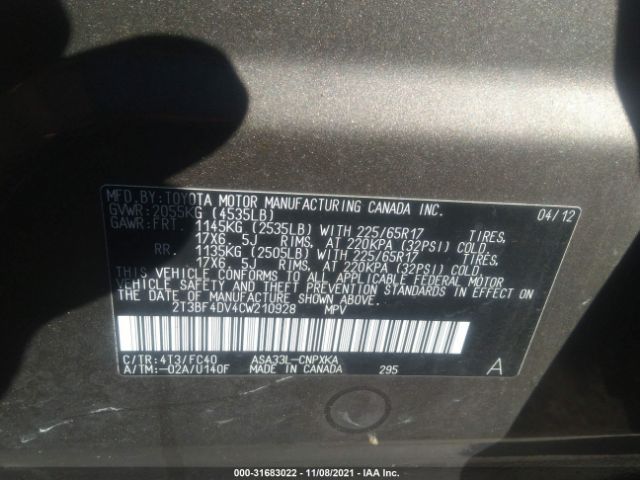 Photo 8 VIN: 2T3BF4DV4CW210928 - TOYOTA RAV4 