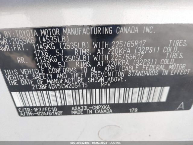 Photo 8 VIN: 2T3BF4DV5CW205415 - TOYOTA RAV4 