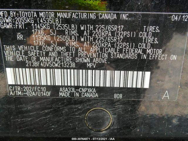 Photo 8 VIN: 2T3BF4DV5CW213238 - TOYOTA RAV4 