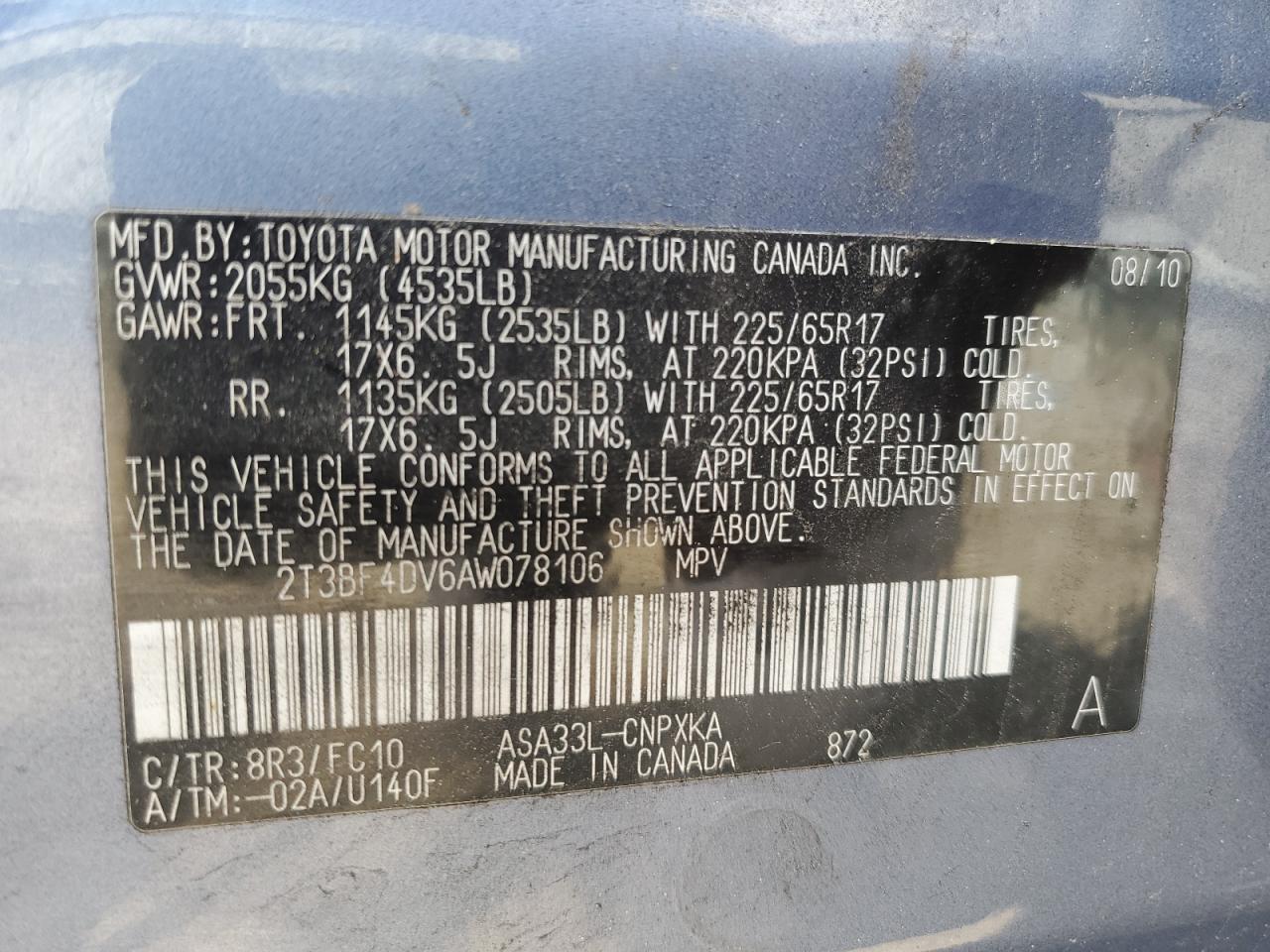 Photo 12 VIN: 2T3BF4DV6AW078106 - TOYOTA RAV 4 