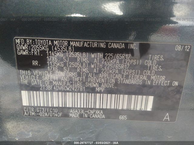 Photo 8 VIN: 2T3BF4DV6CW242781 - TOYOTA RAV4 