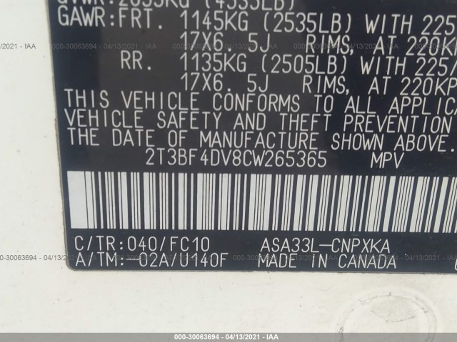 Photo 8 VIN: 2T3BF4DV8CW265365 - TOYOTA RAV4 